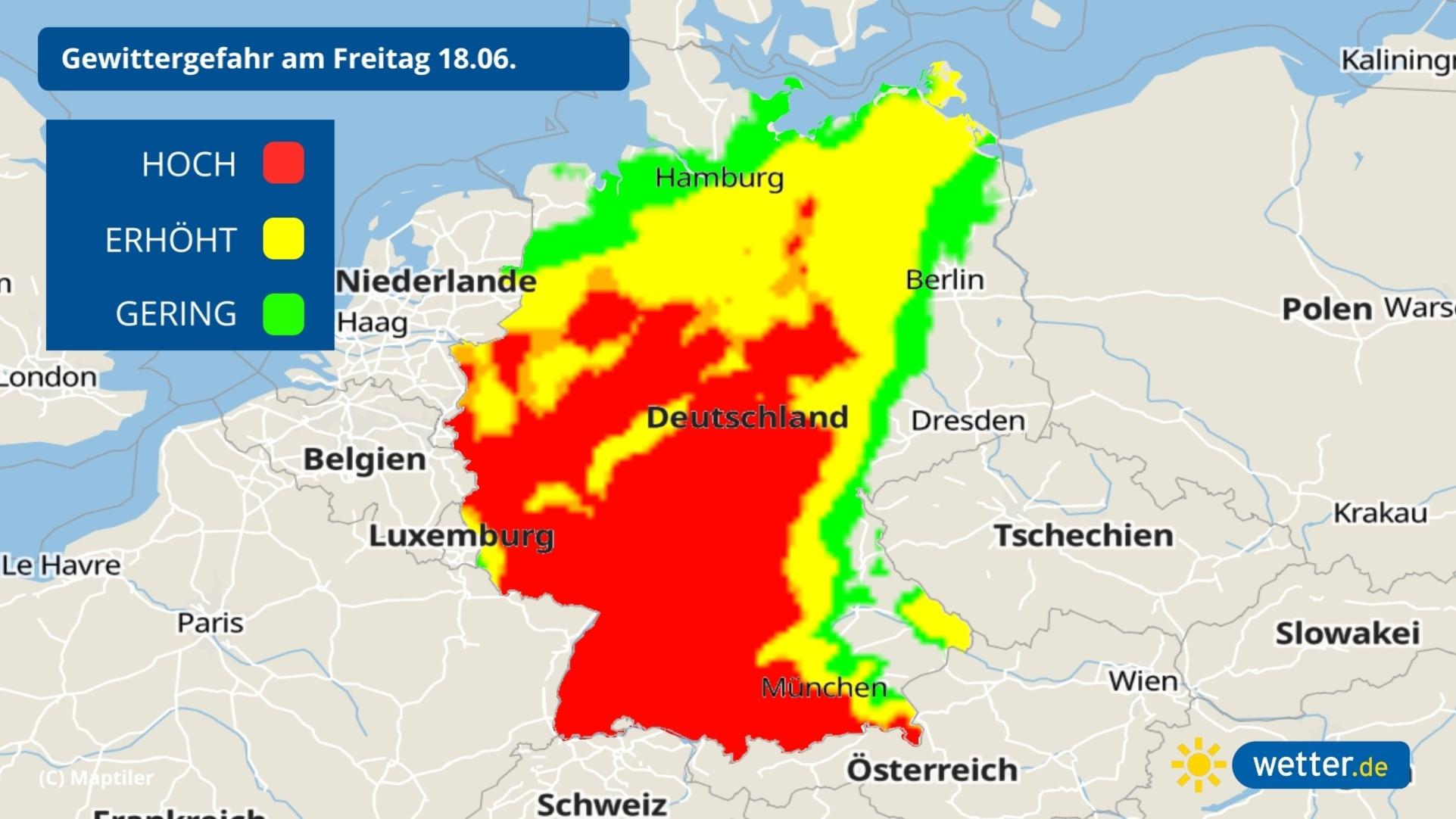 Unwetterlage im Fokus: Schwüle und Hitze entladen sich ab der Wochenmitte Das Gewitterrisiko am 18 06 2021
