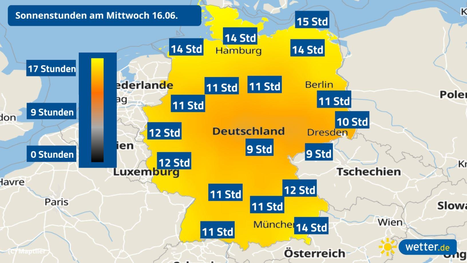 7-Tage-Wettertrend: Die erste Hitzewelle 2021 mit dem heißesten Tag des Jahres Die Sonnenscheindauer für Mittwoch in Deutschland