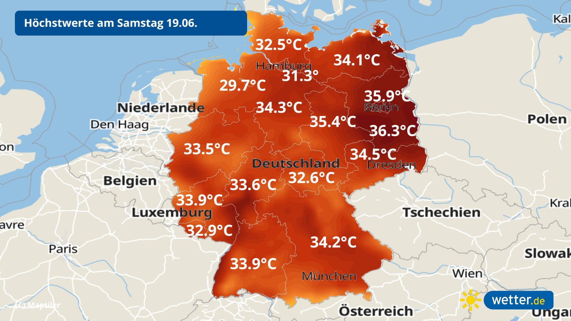 Tag 4 der Hitzewelle: Bis 37 Grad, Gewitter und immer schwüler Höchsttemperaturen am Samstag: Bis 37 Grad.