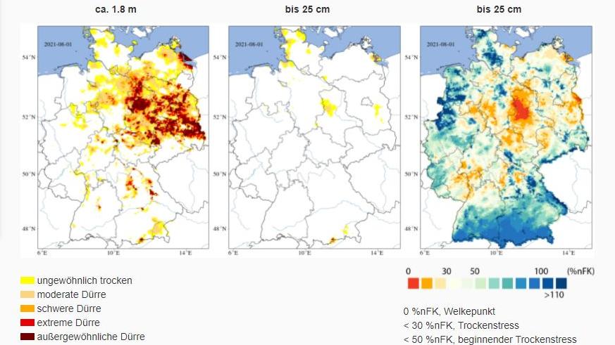 Sommer 2021 in Deutschland: Hier ist es immer noch zu trocken UFZ-Dürremonitor: Im Nordosten Deutschlands ist es immer noch zu trocken.