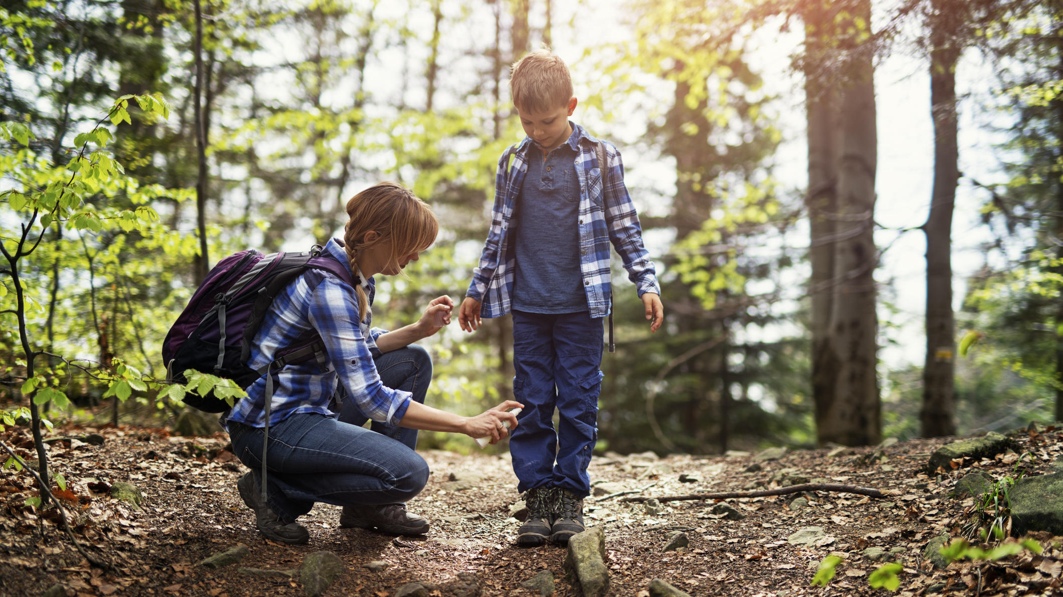Welche Insekten lauern im Herbst in Wald und Wiese? Mutter und Sohn beim Waldspaziergang