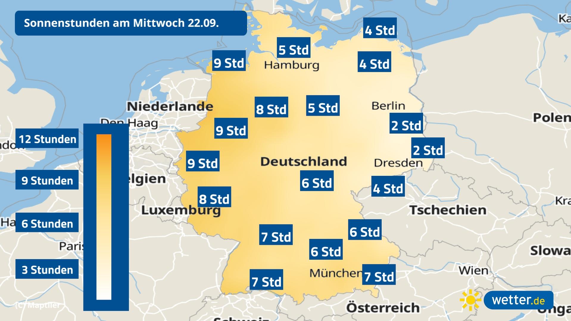7-Tage-Wettertrend: Herbst kämpft mit Sturm gegen Altweibersommer Sonnenscheindauer am Mittwoch