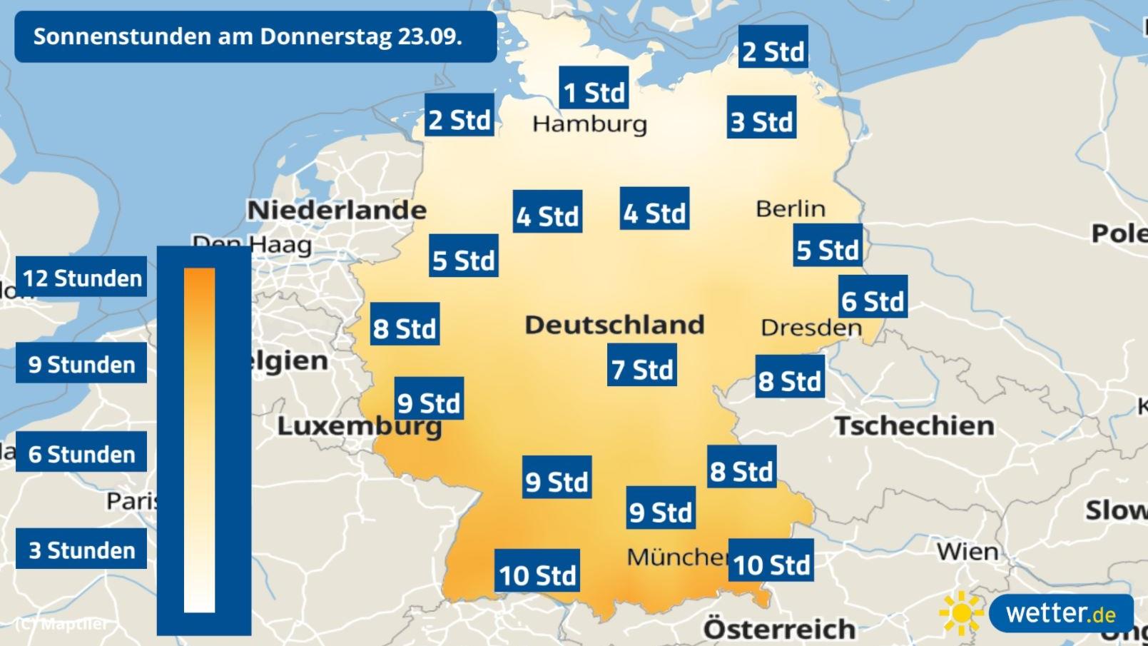 Der Herbstanfang bringt uns Sturm und Sommer zugleich nach Deutschland Prognose: Sonnenstunden am Donnerstag, 23.09.2021