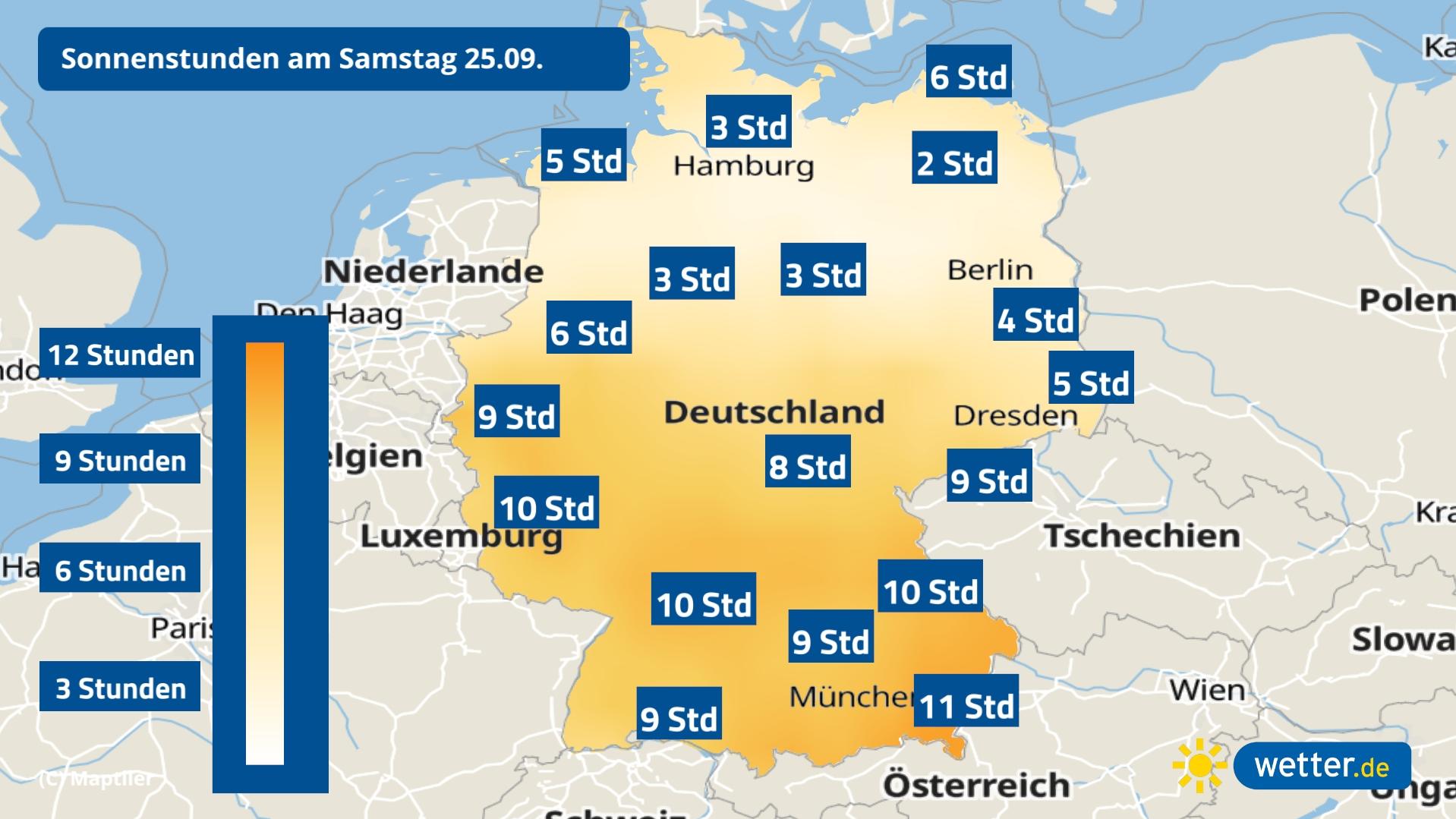 Das Wetter am Wochenende: Erst fast Sommer, dann Absturz in den Herbst mit Gewittern Sonnenstunden am Samstag, 25. September 2021
