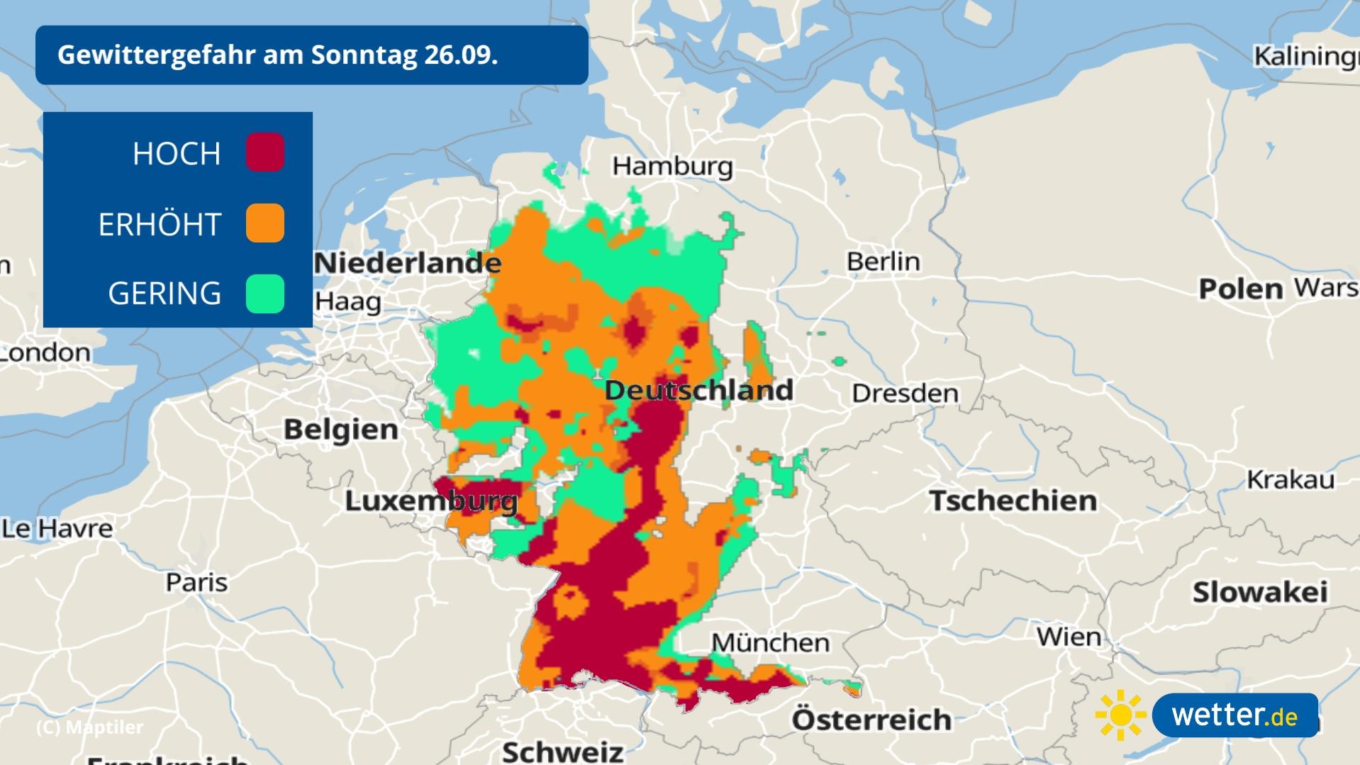 Das Wetter am Wochenende: Erst fast Sommer, dann Absturz in den Herbst mit Gewittern Das Gewitterrisiko am Sonntag ist im Südwesten am höchsten.