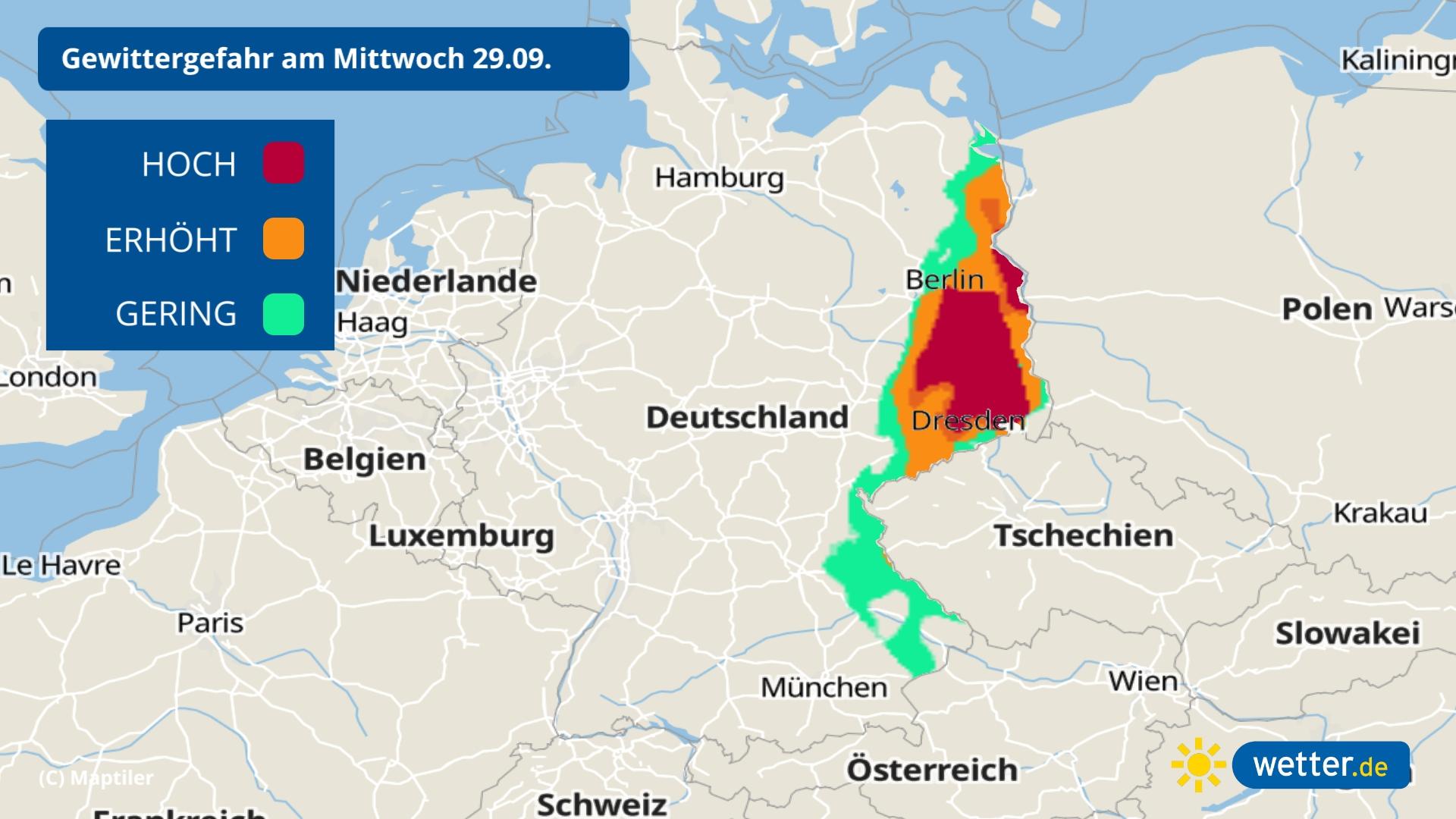 Gewitter mit Starkregen von den Alpen bis in den Osten Deutschlands Die Karte zeigt das Gewitterrisiko am 29 09 2021 in Deutschland. Vor allem der Osten ist betroffen.