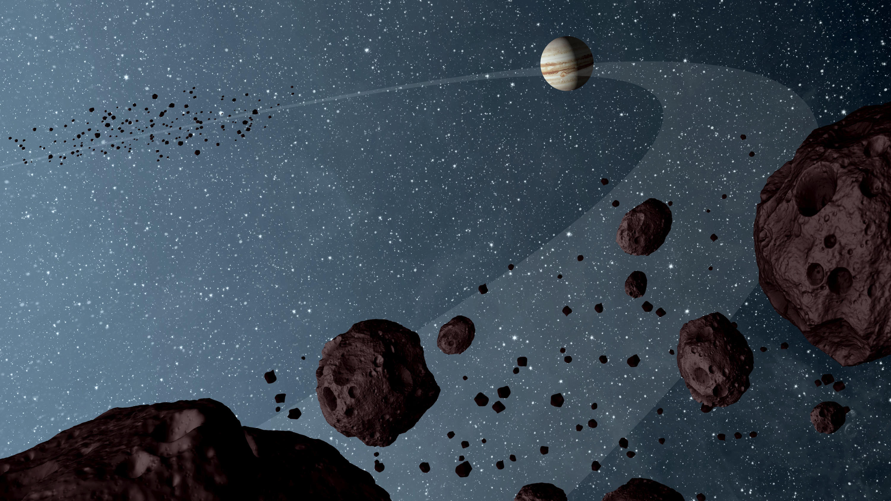NASA-Lucy startet zu den Jupiter-Trojaner-Asteroiden HANDOUT - 29.09.2021, ---: Diese künstlerische Darstellung zeigt Jupiter-Trojaner, basierend auf Daten einer Studie des Wide-field Infrared Explorer (WISE) der NASA aus dem Jahr 2012. Die sogenannten Jupiter-Trojaner sind Asteroiden, die die Sonne au