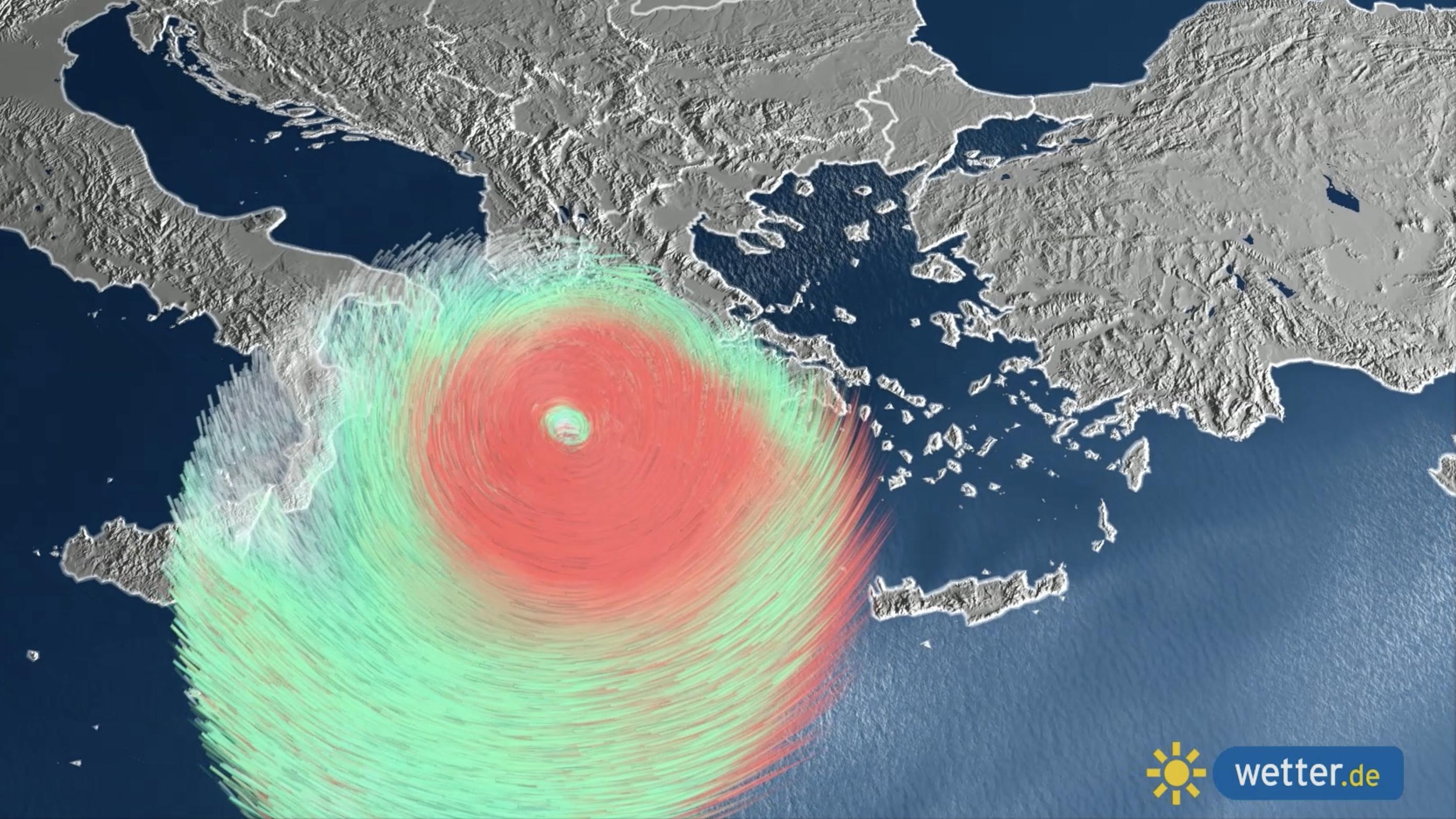 Griechenland, Türkei und Balkan: Gewitter mit Starkregen, Hagel, Orkanböen, Tornado-Gefahr Die Graphik zeigt die Computer-Animation von Medicane UDINE. Der Monstersturm bildete sich Mitte September 2020.
