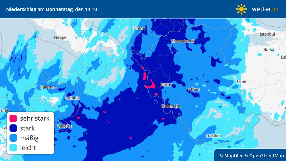 Griechenland und Türkei: Höhepunkt von Gewittertief bringt große Unwettergefahr Prognose: Regen für die Türkei und Griechenland am Donnerstag, 14.10.2021