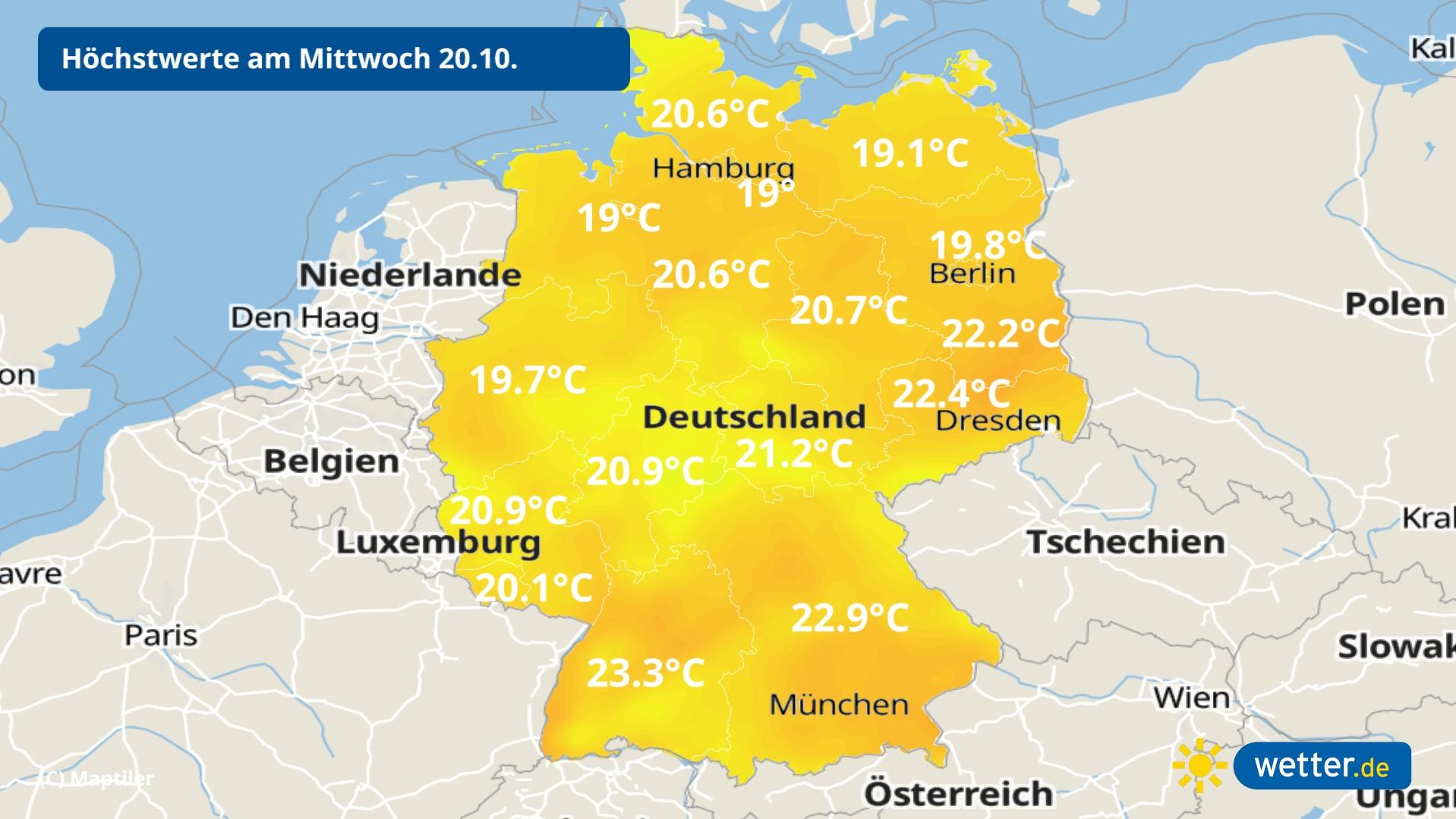Sturmtief HENDRIK bringt fast 25 Grad und einen Temperaturabsturz Die Temperaturen am Mittwoch, hoch getrieben von Tief HENDRIK.