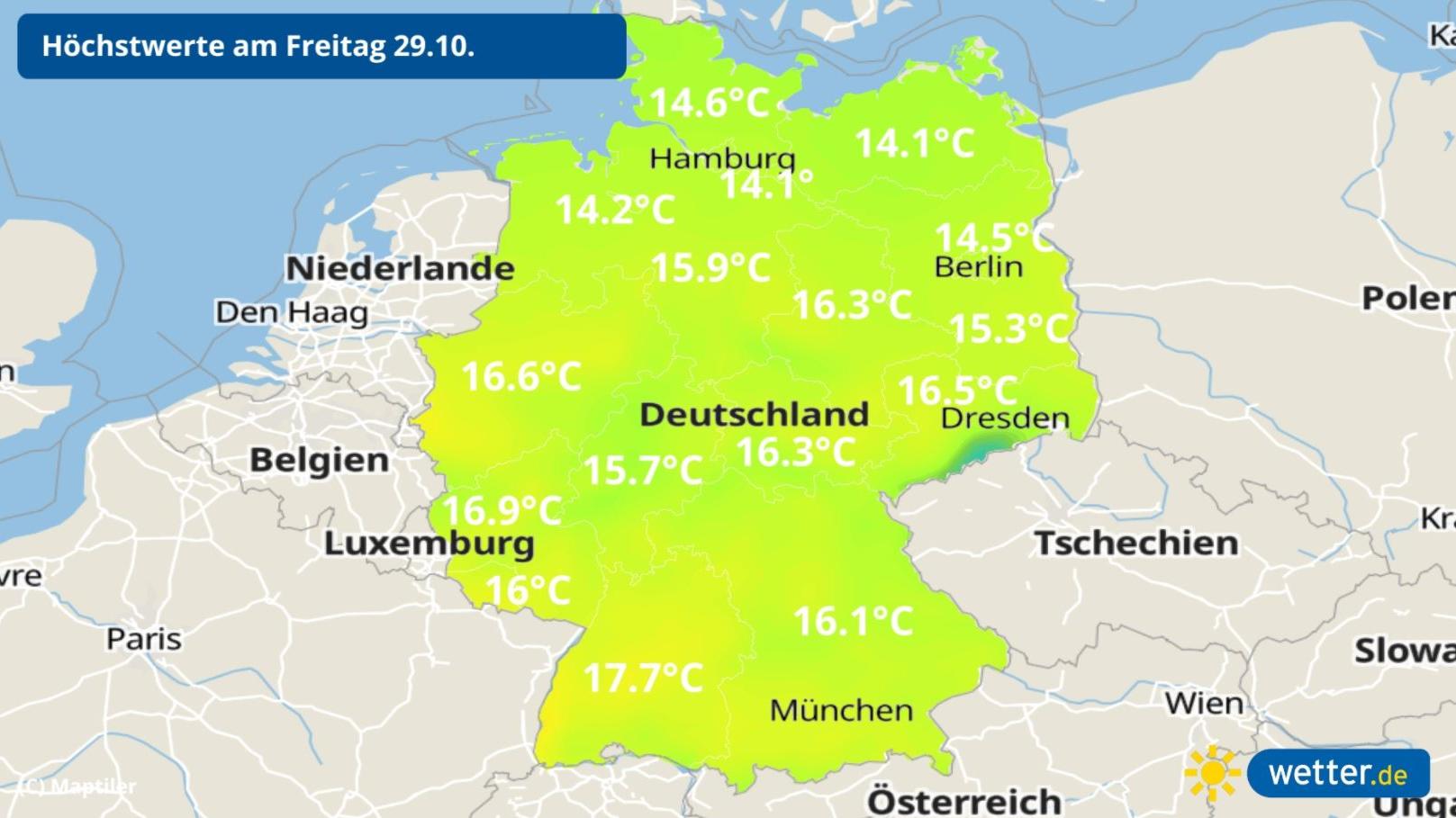 7-Tage-Wettertrend: Ruhiges Herbstwetter mit kleinem Hänger, am Wochenende wieder Sturm? Die Temperaturprognose für Freitag liegt bei 14 bis 18 Grad.