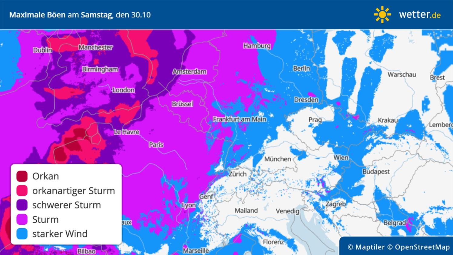7-Tage-Wettertrend: Ruhiges Herbstwetter mit kleinem Hänger, am Wochenende wieder Sturm? Die maximalen Windböen erreichen am Samstag, 30.10., im Nordwesten und Westen wieder Sturmstärke