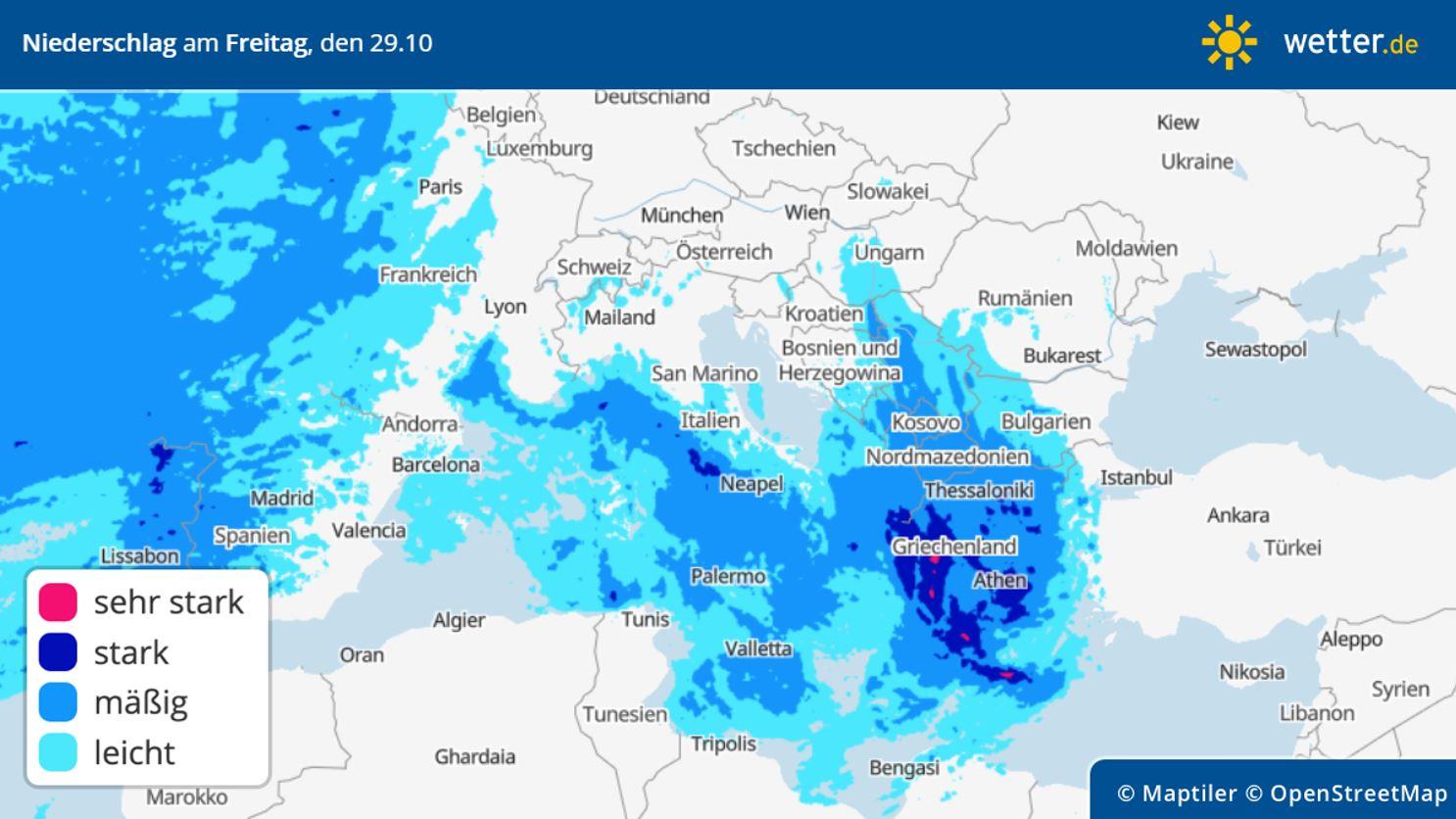 Unwetter am Mittelmeer: Letzte Oktoberwoche von Italien bis Griechenland mit viel Regen, Hagel und Sturmböen Prognose der Niederschläge am Mittelmeer für Freitag, 28.10.2021: Griechenland ist am stärksten betroffen.