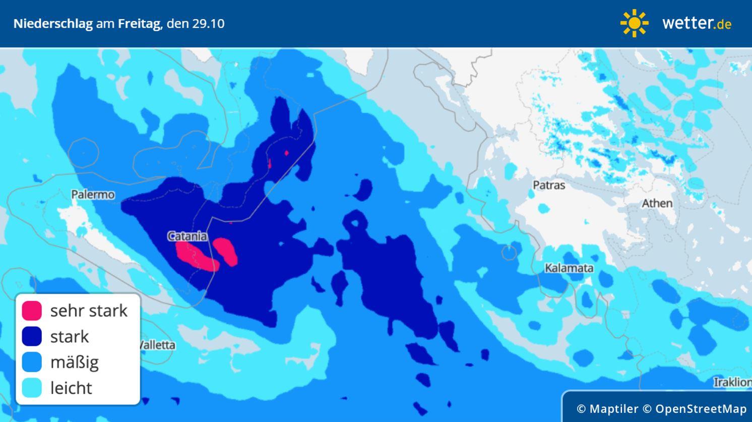 Starkregen und Orkansturm - heftige Unwetter treffen Sizilien, Malta und Kalabrien Prognose: Regenmengen für Freitag, 29.10.2021