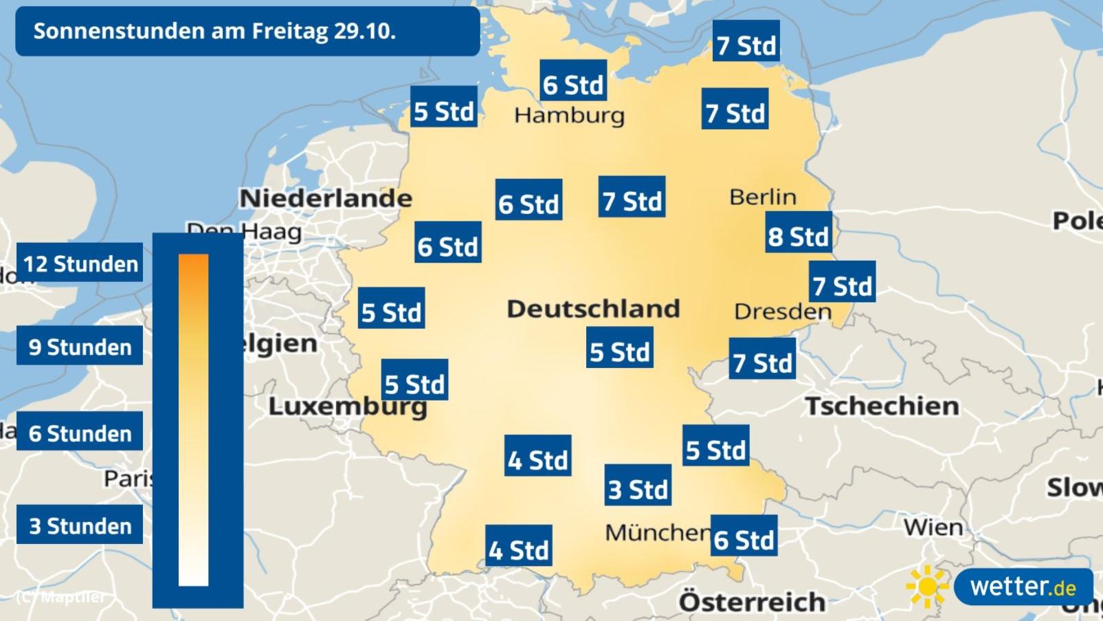 7-Tage-Wettertrend: Wilde Wetterlage mit Sturmgefahr beendet goldenen Oktober Prognose: Sonnenstunden für Freitag, 29.10.2021