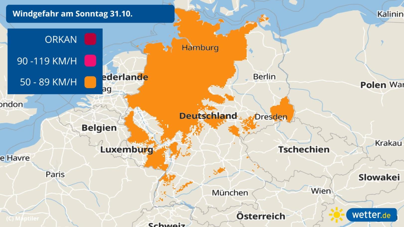 7-Tage-Wettertrend: Wilde Wetterlage mit Sturmgefahr beendet goldenen Oktober Prognose: Maximale Windböen für Sonntag, 31.10.2021
