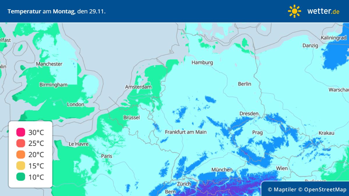 7-Tage-Wettertrend: Schnee, Glätte und Sturm - Winter gibt alles Die Höchstwerte für Montag, 29.11.2021: Der Winter ist weiter zu spüren mit höchsten Temperaturen nur knapp über Null Grad.