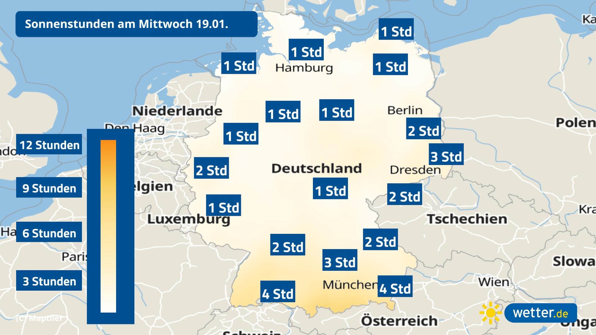 7-Tage-Wettertrend: Nasskalte Wettersuppe mit Glätte, Schnee und Wind Die Sonnenscheindauer am Mittwoch, den 19.1.2022