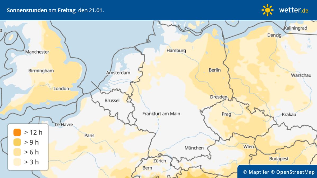 7-Tage-Wettertrend: Weiteres Winter-Intermezzo bringt am Wochenende Schnee Prognose Sonnenstunden in Deutschland am Freitag, 21.01.2022: Vor allem im Nordosten sieht es gar nicht schlecht aus