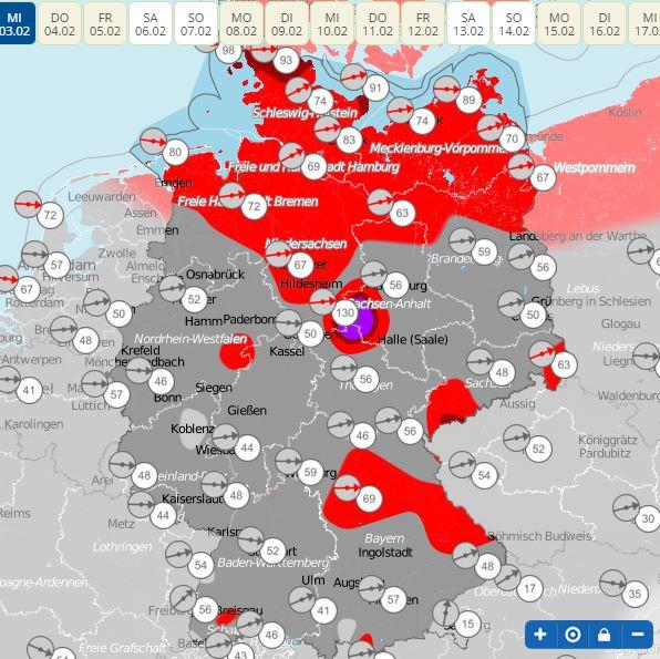 Unwettergefahren für Deutschland Windkarte Deutschland