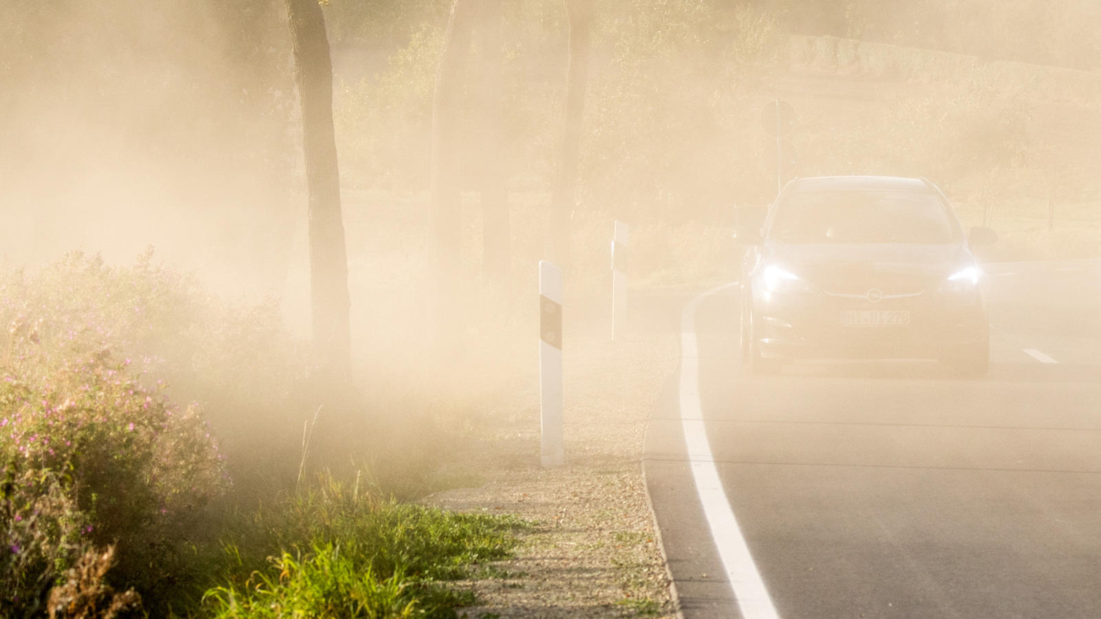 Kaltfront naht: Blutregen stoppt Rekordjagd Ein Auto fährt am 29.09.2016 über eine Landstraße bei Sehnde in der Region Hannover (Niedersachsen), während aufgewirbelter Sand von einem Traktor auf einem staubtrockenen Feld die Sicht behindert. In Deutschland geht ein nach Angaben vom Deutschen W