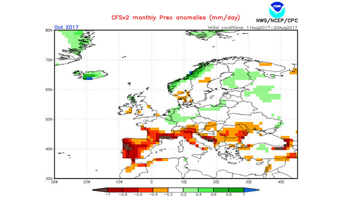NOAA-Prognose vom 21.08.2017: Wie wird das Wetter im Herbst 2017? NOAA-Niederschlagsprognose für Oktober 2017 vom 21.08.2017