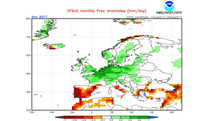 NOAA-Prognose vom 21.08.2017: Wie wird das Wetter im Herbst 2017? NOAA-Niederschlagsprognose für November 2017 vom 21.08.2017