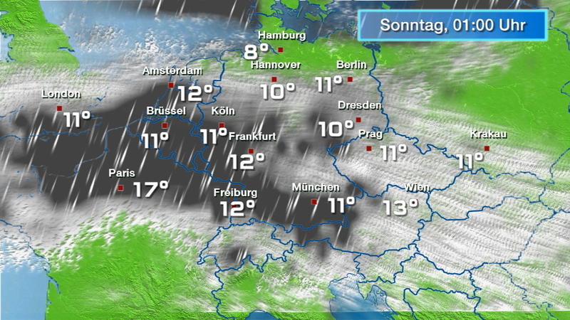 Der Regen- und Wolkenfilm für 48 Stunden Dicker Regenstreifen macht sich breit