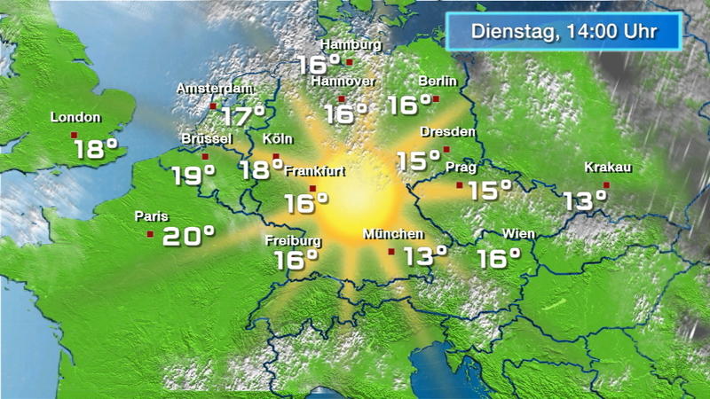 Der Regen- und Wolkenfilm für 48 Stunden Im Norden auch Wolken und einzelne Schauer