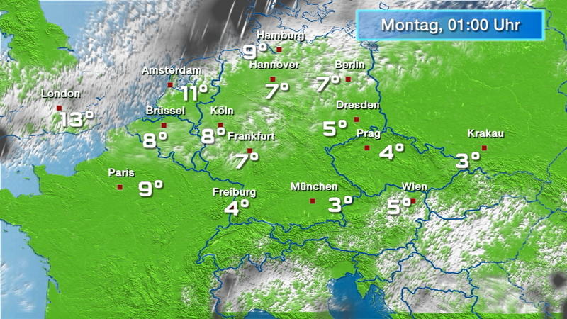Der Regen- und Wolkenfilm für 48 Stunden Ein Regengebiet zieht von Norden auf