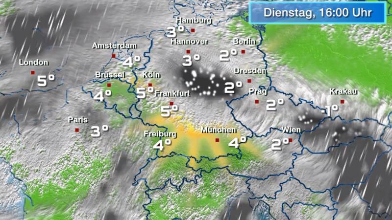 Der Regen- und Wolkenfilm für 48 Stunden Kleines Schneefallgebiet zieht durch