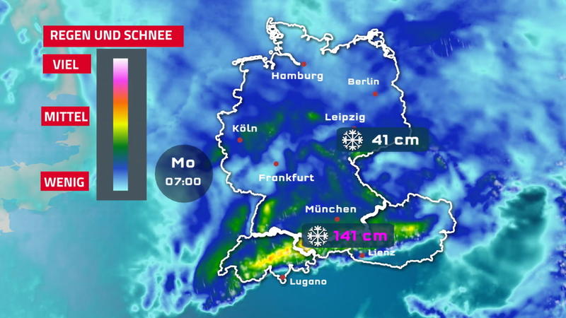 Die Neuschneesummen bis Montag Keine Entspannung in Sicht: Es schneit weiter