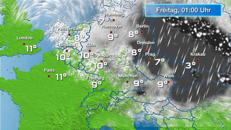 Der Regen- und Wolkenfilm für 48 Stunden In der Osthälfte fällt noch Regen