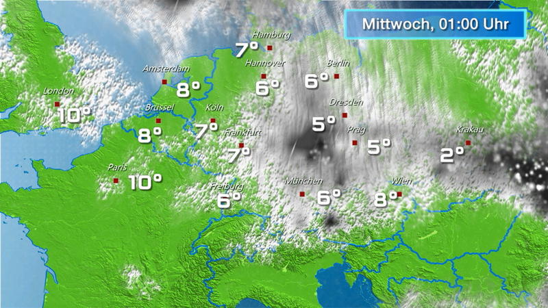 Wolken- und Regenfilm für zwei Tage Dicke Regen- und Schneewolken im Osten