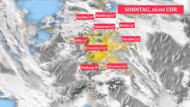 Wolken- und Regenfilm für 48 Stunden Sehr wechselhaft, zum Abend Gewitter im Westen
