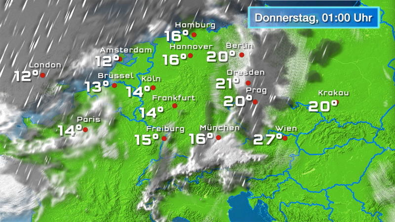 Der Regen- und Wolkenfilm für 48 Stunden Im Osten donnert es noch weiter