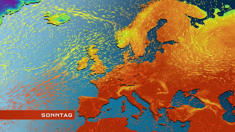 Der Strömungsfilm für Europa Heiße Luft strömt aus Südeuropa und Afrika herbei