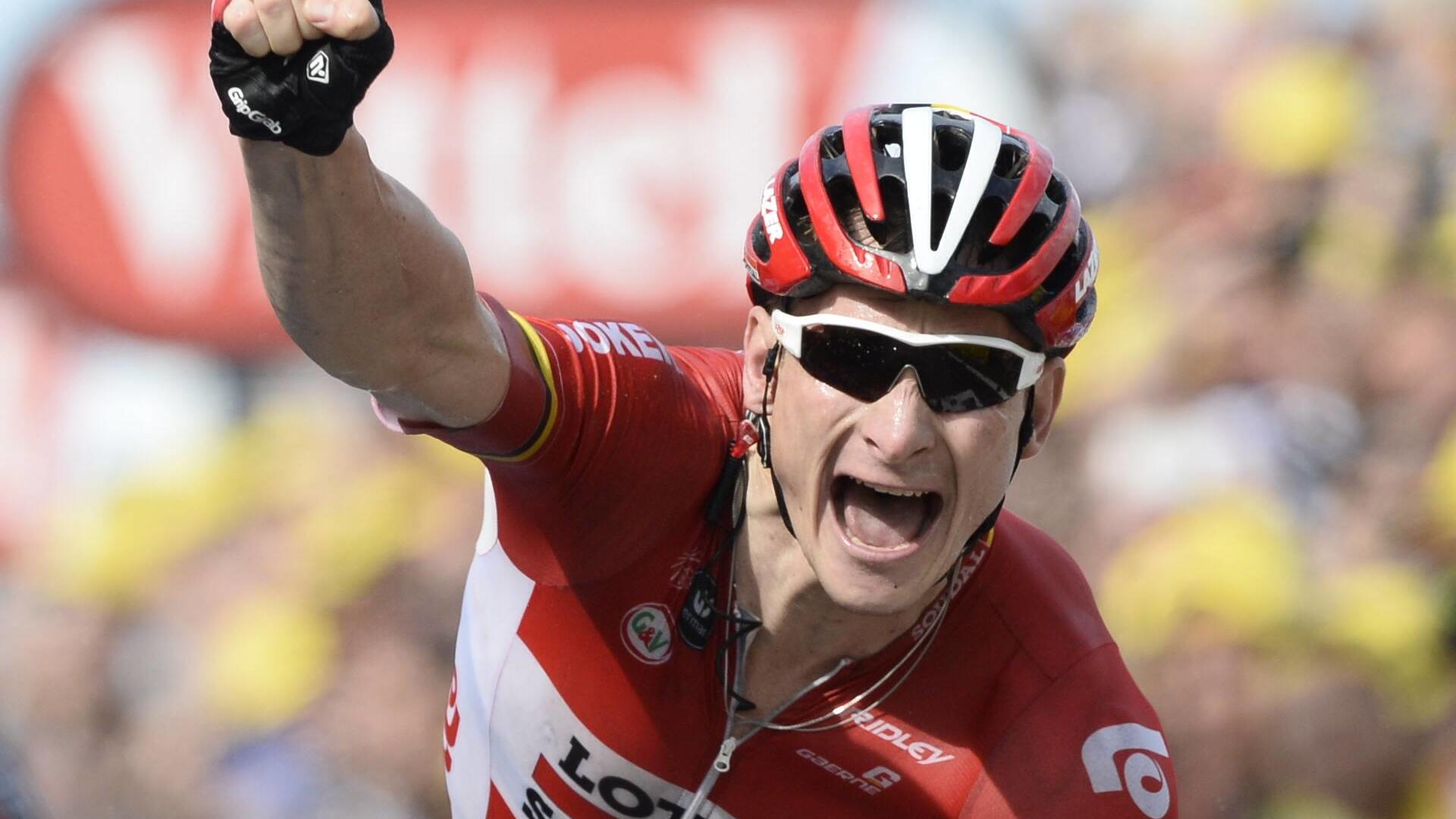 - NEELTJE JANS, NETHERLANDS: German Andre Greipel of Lotto - Soudal celebrates as he crosses the finish line to win stage 1 of the 102nd edition of the Tour de France cycling race, 166km from Utrecht to Neeltje Jans, Zeeland, The Netherlands, Sunday 05 July 2015. This year s Tour de France is taking place from 4 to 26 July. DIRKxWAEM PUBLICATIONxINxGERxSUIxAUTxONLY x04658017xNEELTJE Jans Netherlands German André Greipel of Lotto Soudal Celebrates AS He crosses The Finish Line to Win Stage 1 of The 102nd Edition of The Tour de France Cycling Race 166km From Utrecht to NEELTJE Jans Zeeland The Netherlands Sunday 05 July 2015 This Year s Tour de France is Taking Place From 4 to 26 July DIRKxWAEM PUBLICATIONxINxGERxSUIxAUTxONLY