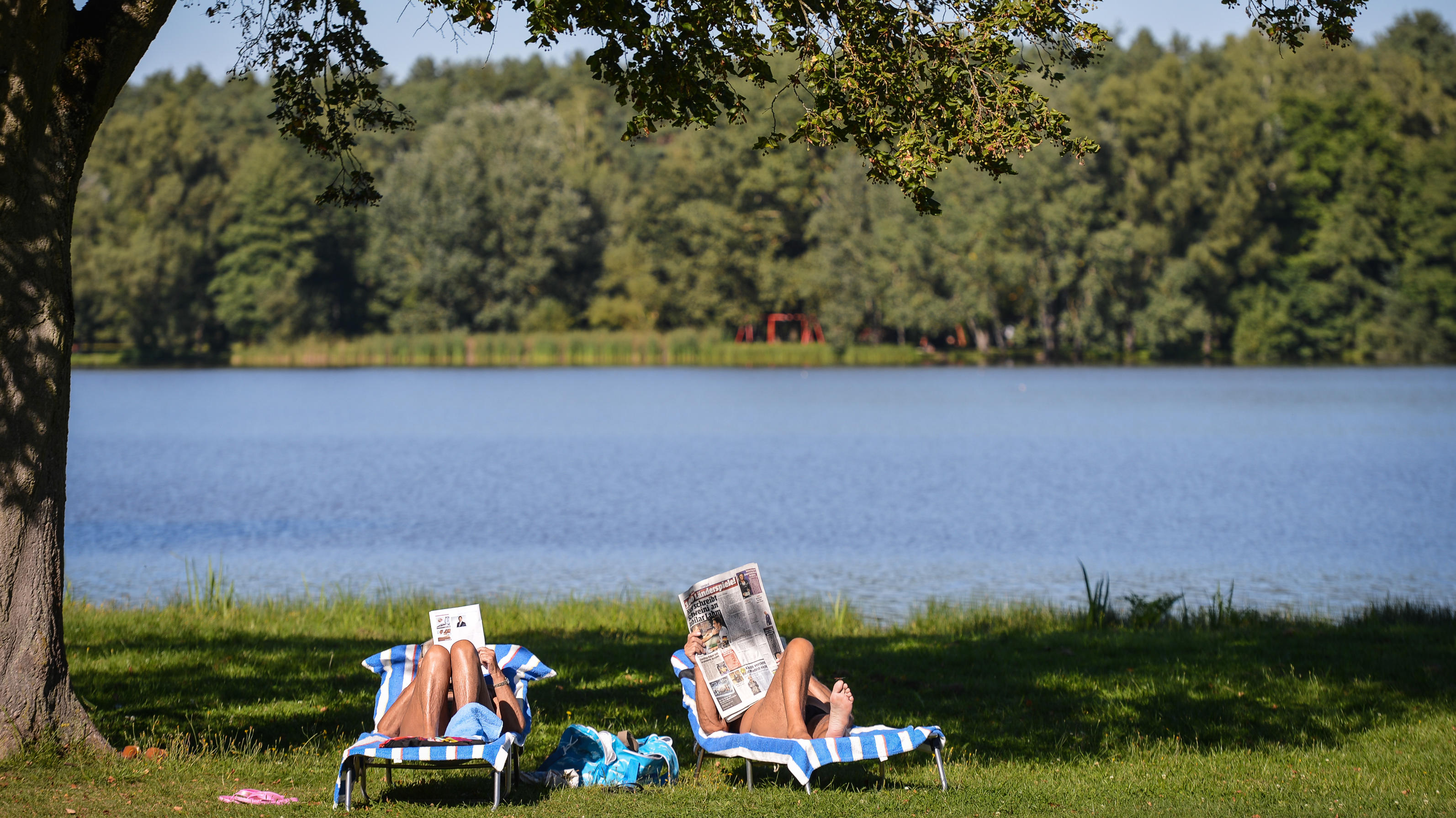 Ein Paar genießt die Sonne am Ufer des Dechsendorfer Weihers (Bayern). Aufgrund der wiederholt nachgewiesenen Blaualgen in dem Gewässer gilt aktuell ein Badeverbot. Foto: David Ebener/dpa | Verwendung weltweit