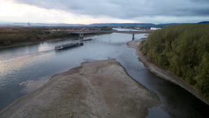 02.10.2018, Rheinland-Pfalz, Niederwerth: Die Luftaufnahme mit einer Drohne zeigt eine Sandbank an der Rheininsel Niederwerth, die durch die anhaltende Trockenheit entstanden ist. Das sinkende Niedrigwasser des Rheins nähert sich Rekordwerten. (zu dpa "Niedrigwasser des Rheins nähert sich Rekordwerten" vom 04.10.2018) Foto: Thomas Frey/dpa +++ dpa-Bildfunk +++