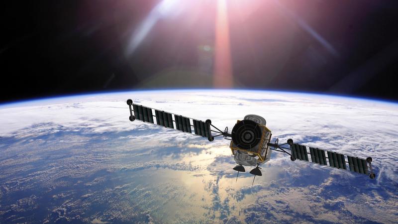 Geostationärer Orbitsatellit über der Erde, 3D-Darstellung | Verwendung weltweit, Keine Weitergabe an Wiederverkäufer.