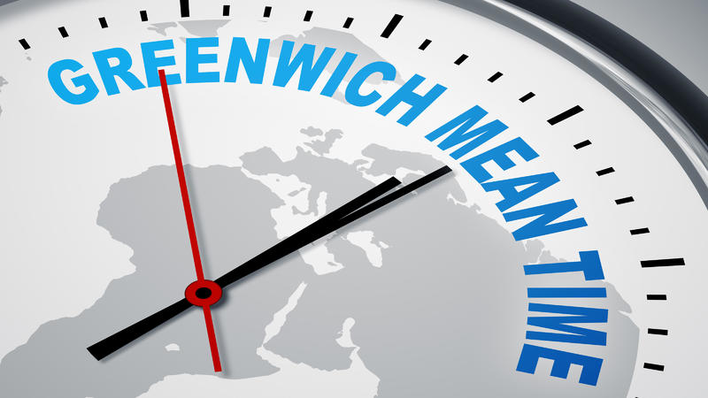 Ziffernblatt mit der englischen Aufschrift Greenwich Mean Time, Greenwitch-Zeit | clock face with inscription Greenwich Mean Time | Verwendung weltweit