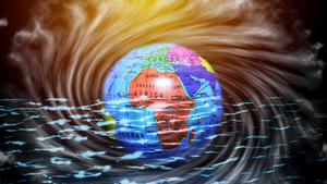 Erdglobus im Wasser, Symbolfoto Klimawandel, Anstieg des Meeresspiegels | globe in water, climate change | Verwendung weltweit