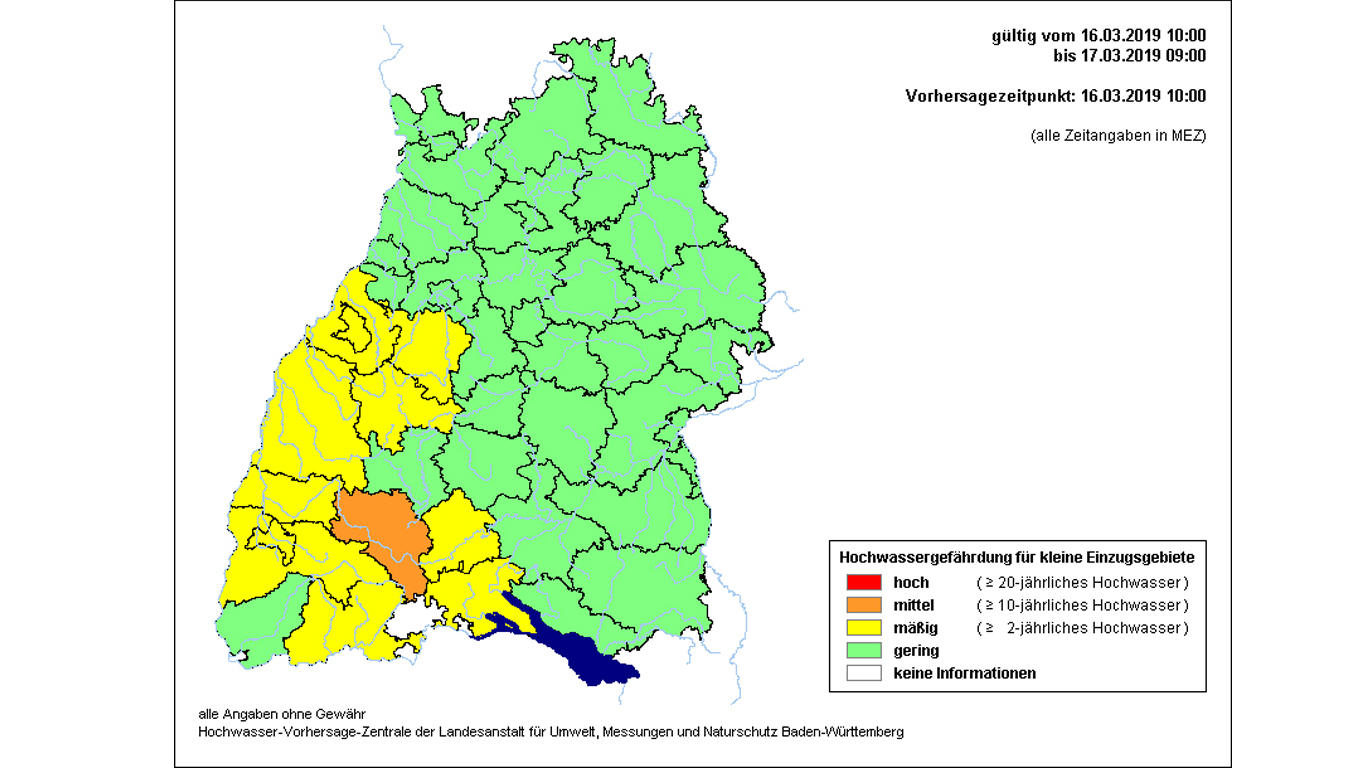 Dauerregen lässt Flüsse und Bäche über die Ufer treten Hochwassergefährdung für kleine Einzugsgebiete (Baden-Württemberg)