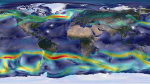 HANDOUT - Das am 22. November von der Nasa verbreitete Handout zeigt ein grafisches Modell der Erdatmosphäre, simuliert mit dem Goddard Earth Observing System Model (GEOS-5) der Nasa. Oberflächenwinde (von 0 bis 40 Metern pro Sekunde) werden weiß dargestellt und zeigen etwa Zyklone im Atlantik und Pazifik. Winde der oberen Luftschichten (von 0 bis 175 Metern pro Sekunde) werden je nach Geschwindigkeit eingefärbt, wobei rot schnellere Strömungen anzeigt. Die Simulation stammt aus dem Supercomputer Discover im Nasa Zentrum für Klimasimulation. Sie berücksichtigt Informationen wie Temperaturen der Meeresoberfläche, Abbrennen von Biomasse, vulkanische Aktivität oder Emissionen durch den Menschen und berechnet daraus Wetterphänomene wie Niederschläge oder Stürme. HANDOUT EDITORIAL USE ONLY - ACHTUNG REDAKTIONEN: Nur zur redaktionellen Verwendung bei vollständiger Nennung der Quelle: Nasa |