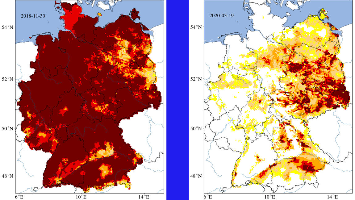 Im Jahr 2018 war die Dürre besonders schlimm (links). Selbst knapp zwei Jahre danach haben sich im Osten und Süden Deutschlands die Böden noch nicht wieder erholt davon (rechts) .