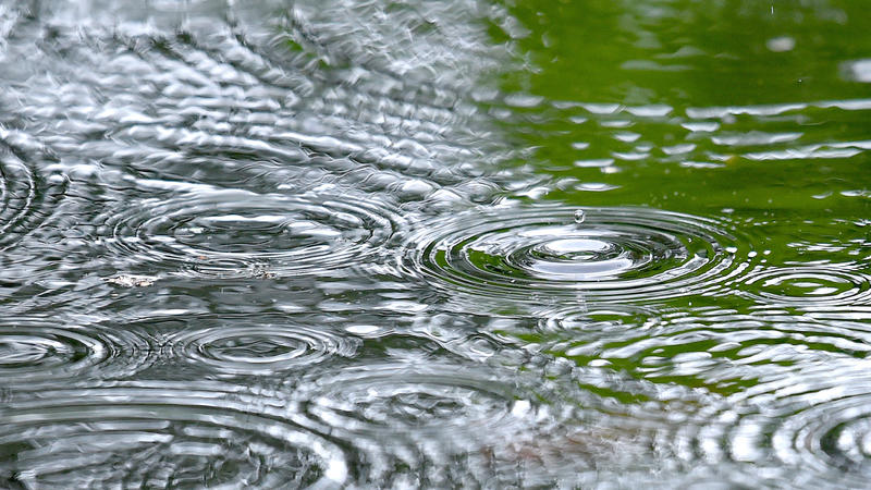 02.05.2020, Nordrhein-Westfalen, Gelsenkirchen: Regentropfen treffen auf die Wasseroberfläche eines Gartenteiches. Das wechselhafte Wetter mit Regen und Sonnenschein soll auch in den nächsten Tagen anhalten. Foto: Caroline Seidel/dpa +++ dpa-Bildfunk