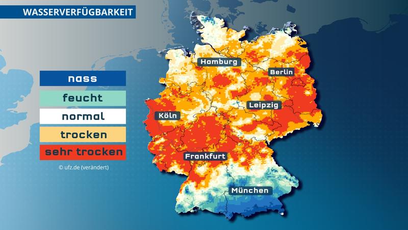 Die Karte des Helmholtz-Instituts zeigt wie es mit der Wasserverfügbarkeit in etwa 25 cm aussieht.