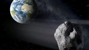 ARCHIV - 01.02.2013, ---: HANDOUT - Die grafische Darstellung zeigt einen Asteroiden (r) beim  Vorbeiflug an der Erde. Asteroiden rasen sehr häufig an der Erde vorbei - meist aber in recht großem Abstand. Näher kommt unserem Planeten zu Anfang des nächsten Monats der Asteroid «2011 ES4». (Zu dpa "Näher als der Mond: Asteroid «2011 ES4» fliegt an der Erde vorbei") Foto: -/ESA/P.Carril/dpa - ACHTUNG: Nur zur redaktionellen Verwendung und nur mit vollständiger Nennung des vorstehenden Credits +++ dpa-Bildfunk +++