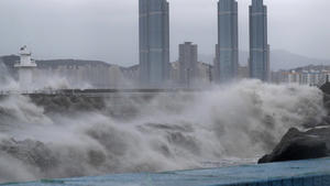 High waves crash a shore as Typhoon Haishen approaches in Busan, South Korea, Monday, Sept. 7, 2020. The powerful typhoon damaged buildings, flooded roads and knocked out power to thousands of homes in South Korea on Monday after battering islands in southern Japan. More than 20 people were injured.(Son Hyung-ju/Yonhap via AP)